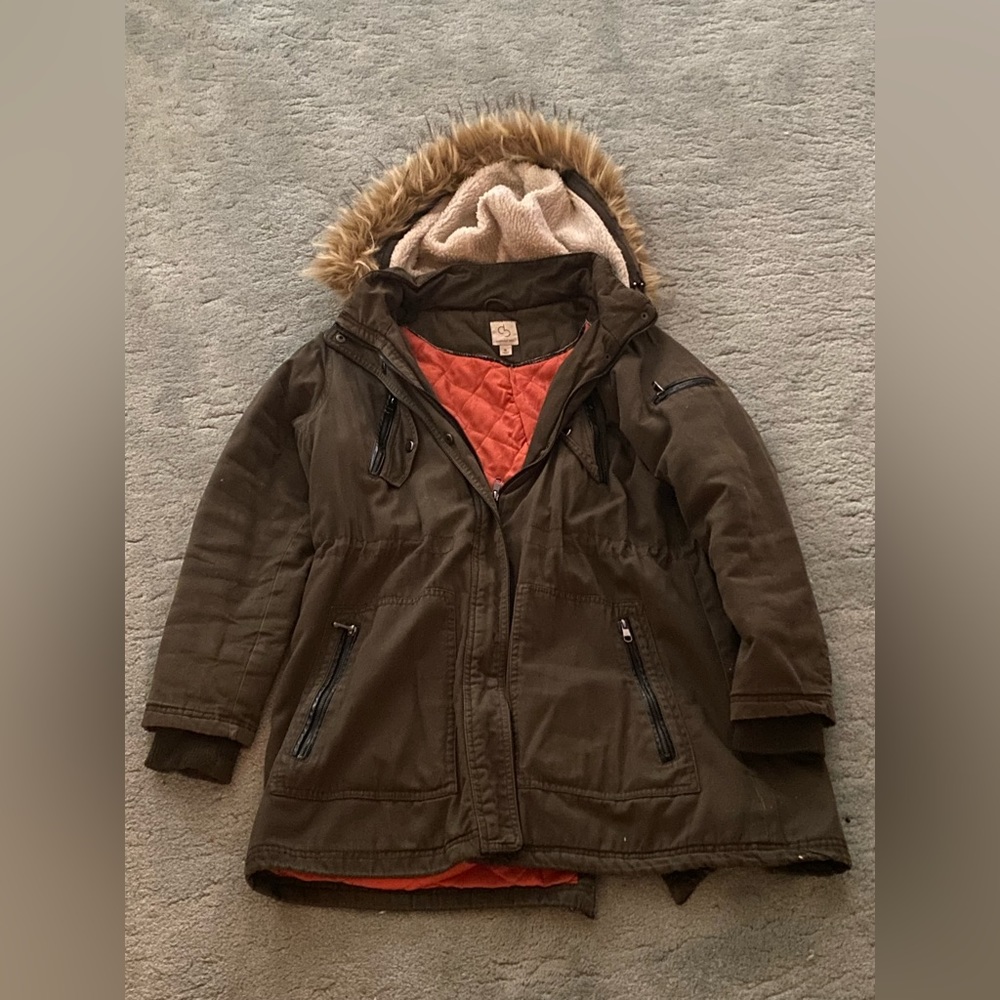 Dress Barn Women’s XL Forest Green Winter Coat with Faux Fur Hood